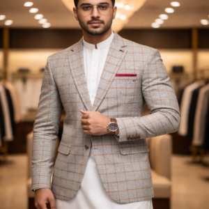 LIGHT GREY WITH CHECKERED BROWN PATTERN FORMAL COAT