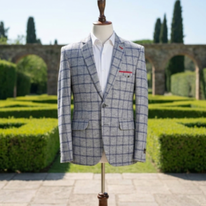 LIGHT GREY & BLUE WINDOWPANE PLAID FORMAL COAT